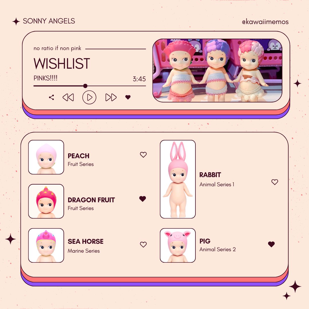 🎀 ISO LIST UPDATED!!! Prio Rabbit reg and hipper

*those on the with shaded hearts, i have na

˚ʚ♡ɞ˚ For non in demand my budget can stretch to 500
˚ʚ♡ɞ˚ in demands - pls pm offers
•♡ ratio ok 

i prefer it's on orange app, but can gcash also

Sonny angels wtb