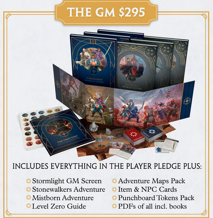 Cosmere_es's tweet photo. Tier 5 - 295$ - The GM - Todo lo anterior, más la aventura de Stormligh, Stonewalkers, y la de Mistborn, Mistborn Legacy. Aventura de nivel 0. Pantalla de máster. Cartas de item y NPCs. Pack de mapas. Tokens troquelados.
#StormlightRPG #MistbornRPG https://t.co/yAXCq0bw93