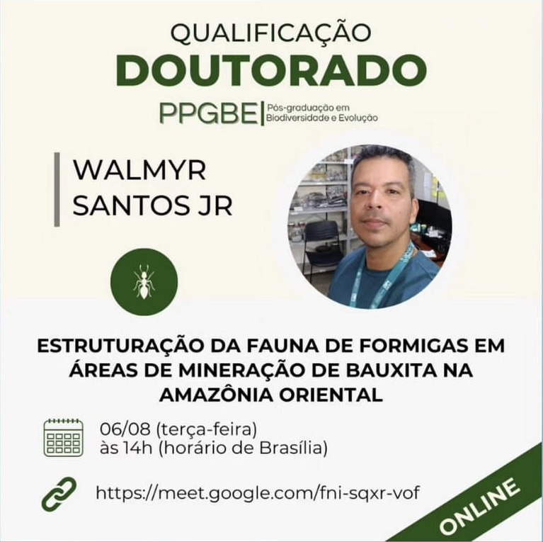BRCAmazon's tweet photo. 📣Já tem programa para hoje à tarde? Fique ligado nessa qualificação de doutorado do discente Walmyr Santos Jr sobre formigas em áreas de mineração na Amazônia. 🐜🐜🐜🐜🐜  Mais uma pesquisa do BRC em Paragominas!!!! 
Link de acesso: https://t.co/ZvyWQp7CFu https://t.co/3iMMqsxJ8N