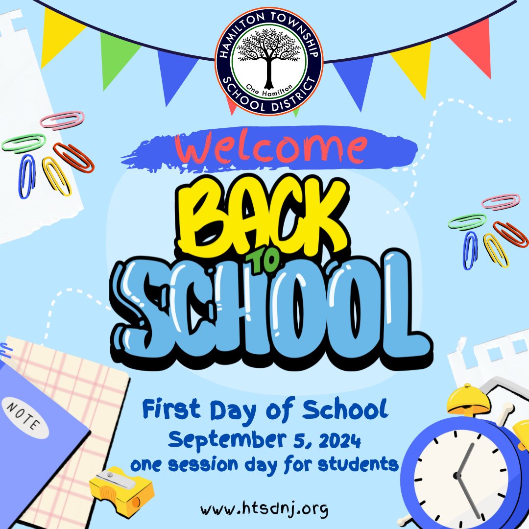 WeAreHTSD (@wearehtsd) on Twitter photo π£ Tomorrow in Hamilton
Thursday, September 5th is our First Day of School! π
One session day for students & a full day for staff.
#HTSD #HTSDpride
<a href="/ScottRRocco/">Scott Rocco, Ed.D.</a> <a href="/HTSDSecondary/">Jim Altobello Ed.D.</a> <a href="/HTSDCurriculum/">Hamilton Twp. C&I</a> <a href="/LauraGeltch/">Laura Geltch</a> <a href="/HTSD_Tech/">HTSD Technology Department</a> <a href="/HTSD_HR/">@HTSD_HR</a> <a href="/HamiltonTwpNJ/">Hamilton Township NJ</a> π£ Tomorrow in Hamilton
Thursday, September 5th is our First Day of School! π
One session day for students & a full day for staff.
#HTSD #HTSDpride
<a href="/ScottRRocco/">Scott Rocco, Ed.D.</a> <a href="/HTSDSecondary/">Jim Altobello Ed.D.</a> <a href="/HTSDCurriculum/">Hamilton Twp. C&I</a> <a href="/LauraGeltch/">Laura Geltch</a> <a href="/HTSD_Tech/">HTSD Technology Department</a> <a href="/HTSD_HR/">@HTSD_HR</a> <a href="/HamiltonTwpNJ/">Hamilton Township NJ</a>