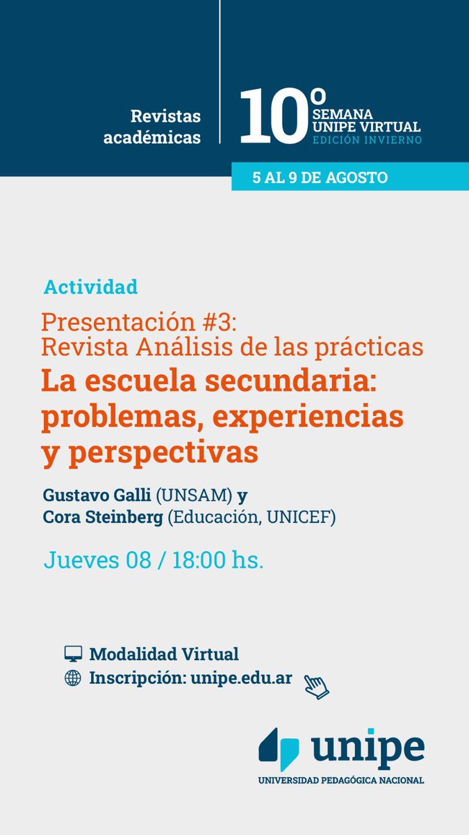 Cora Steinberg (@corast) on Twitter photo Este jueves se presenta el 3#Revista Análisis de las prácticas <a href="/unipe_ar/">Universidad Pedagógica Nacional</a>. Un placer compartir el artículo que se publica sobre la implementación de una política para transformar la secundaria en Argentina, sus resultados y dialogar con <a href="/GustavoJGalli/">Gustavo Galli</a> #SemanaUNIPEvirtual #PLANEA Este jueves se presenta el 3#Revista Análisis de las prácticas <a href="/unipe_ar/">Universidad Pedagógica Nacional</a>. Un placer compartir el artículo que se publica sobre la implementación de una política para transformar la secundaria en Argentina, sus resultados y dialogar con <a href="/GustavoJGalli/">Gustavo Galli</a> #SemanaUNIPEvirtual #PLANEA