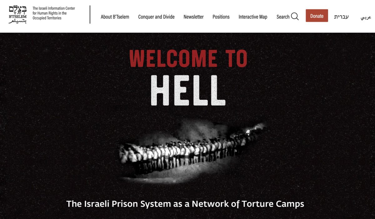 Israel's leading human rights org B'Tselem just released a report, "Welcome to Hell". It finds Israeli prisons, "in which EVERY [Palestinian] inmate is intentionally condemned to severe, relentless pain &amp; suffering, operate as de-facto torture camps." btselem.org/publications/2…