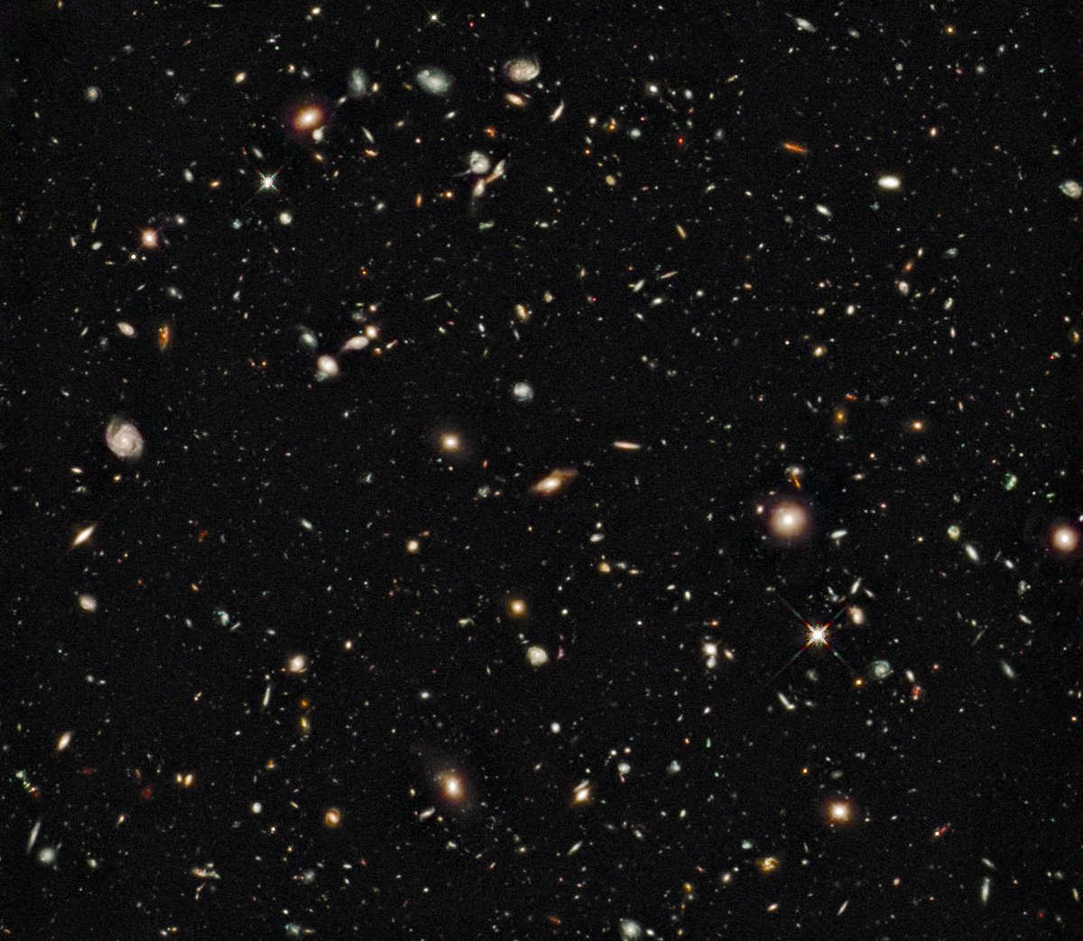 HubbleTelescope's tweet photo. Just casually looking back in time. No big deal.

This Hubble image required a total of 173,000 seconds of exposure time (just over 48 hours). The faintest and reddest objects are galaxies that formed 600 million years after the big bang: https://t.co/0Ue3VYNYiC https://t.co/GWes0mW52t