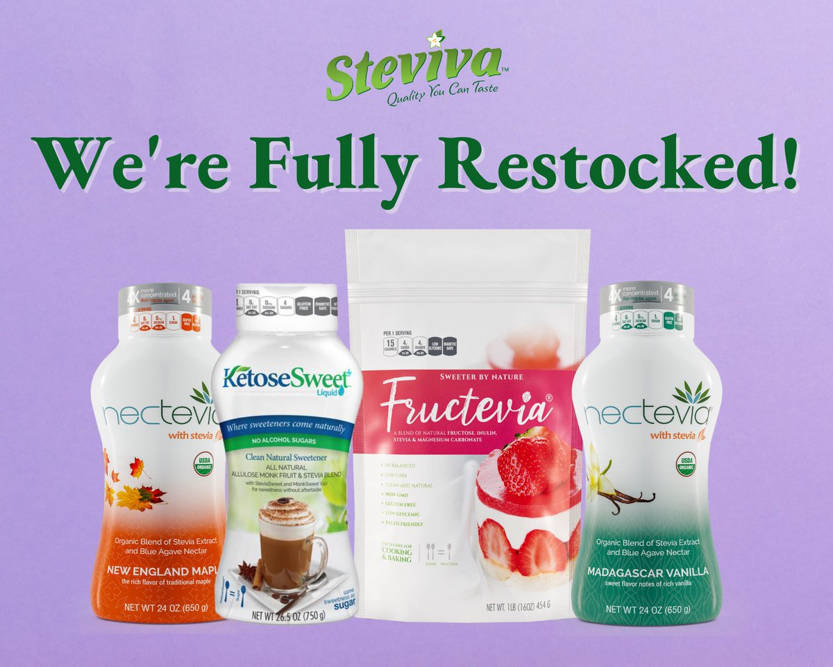 steviva's tweet photo. We're thrilled to announce that we're fully restocked! Your long-awaited favorites are now available for purchase. Get your hands on Fructevia—ideal for #zerosugaradded baking—or our allulose-based liquid sweetener, perfect for coffee and tea: https://t.co/0jcWZGu8e1 https://t.co/5cEqRugjXv