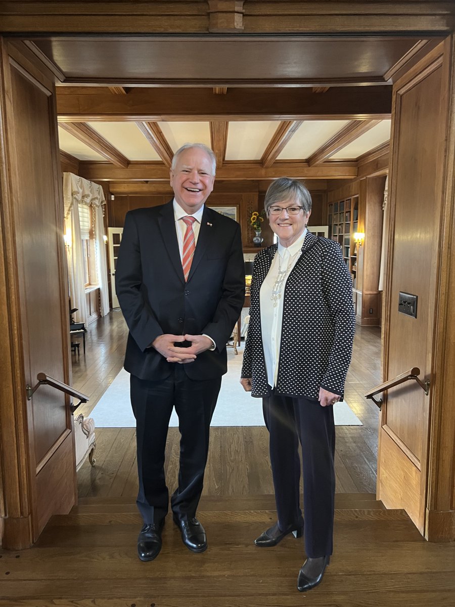 LauraKellyKS's tweet photo. As a teacher, veteran, and leader, Gov. @Tim_Walz brings a dedication to public service and a record of winning tough races and improving lives that makes him exceptionally prepared to help Vice President Harris win and deliver for the American people.

Gov. Walz has fought to do right by our country by protecting reproductive freedom, expanding voting rights, ensuring universal free school meals, growing the economy for working families, and much more.

Congratulations to our @DemGovs Chair – and my friend – Gov. @Tim_Walz on his selection and this great honor.