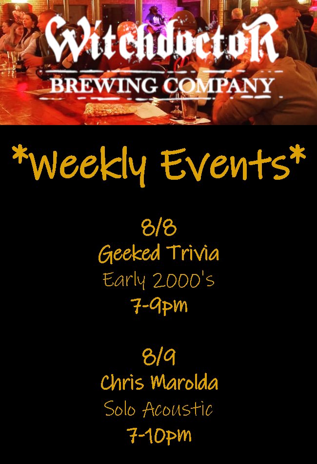 WitchdoctorBrew's tweet photo. #weeklyevents #geekedtrivia #early2000 #early2000trivia #trivia #livemusic #draftbeer #canbeer #witchdoctorbrewing #thecureforwhatalesyou #factorysquare https://t.co/ODFVVgTwDU