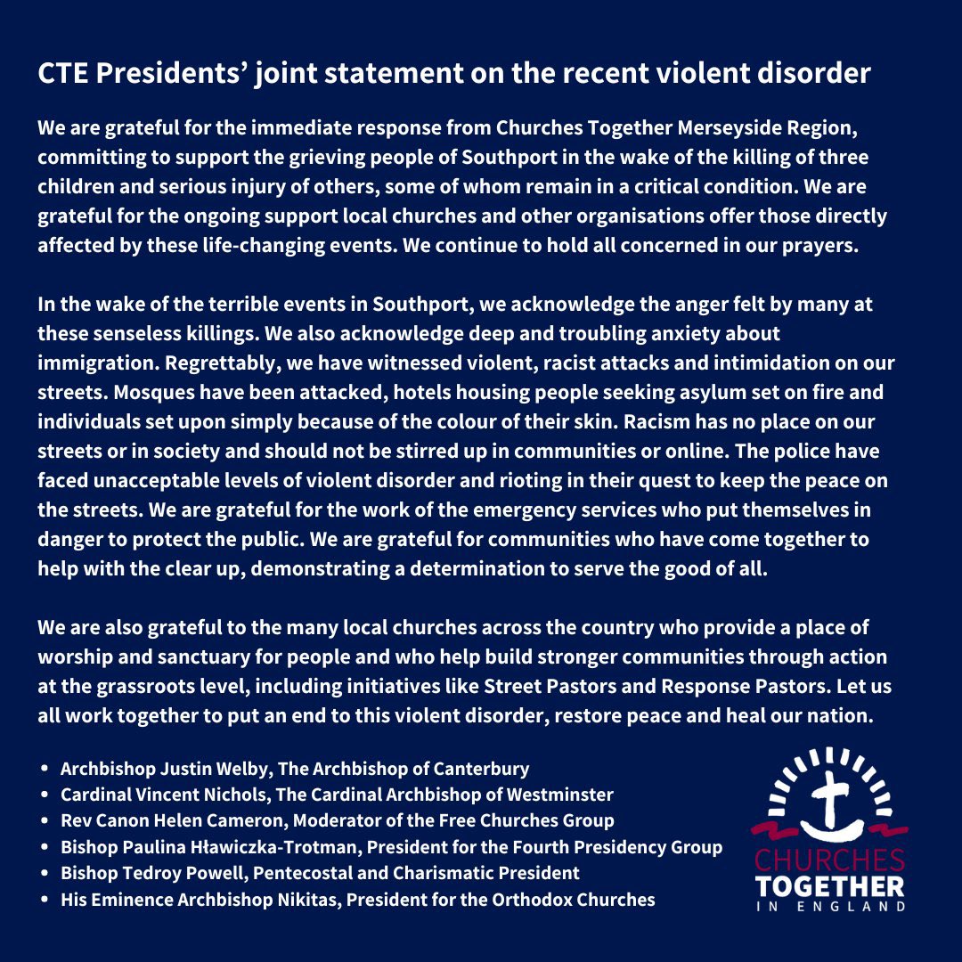Churches Together in England <a href="/ChurchesEngland/">CTE</a> Presidents’ Statement on the recent violent disorder. Acknowledging anxiety, rejecting racism, thanking peacemakers, calling the nation together. #ChurchesTogether