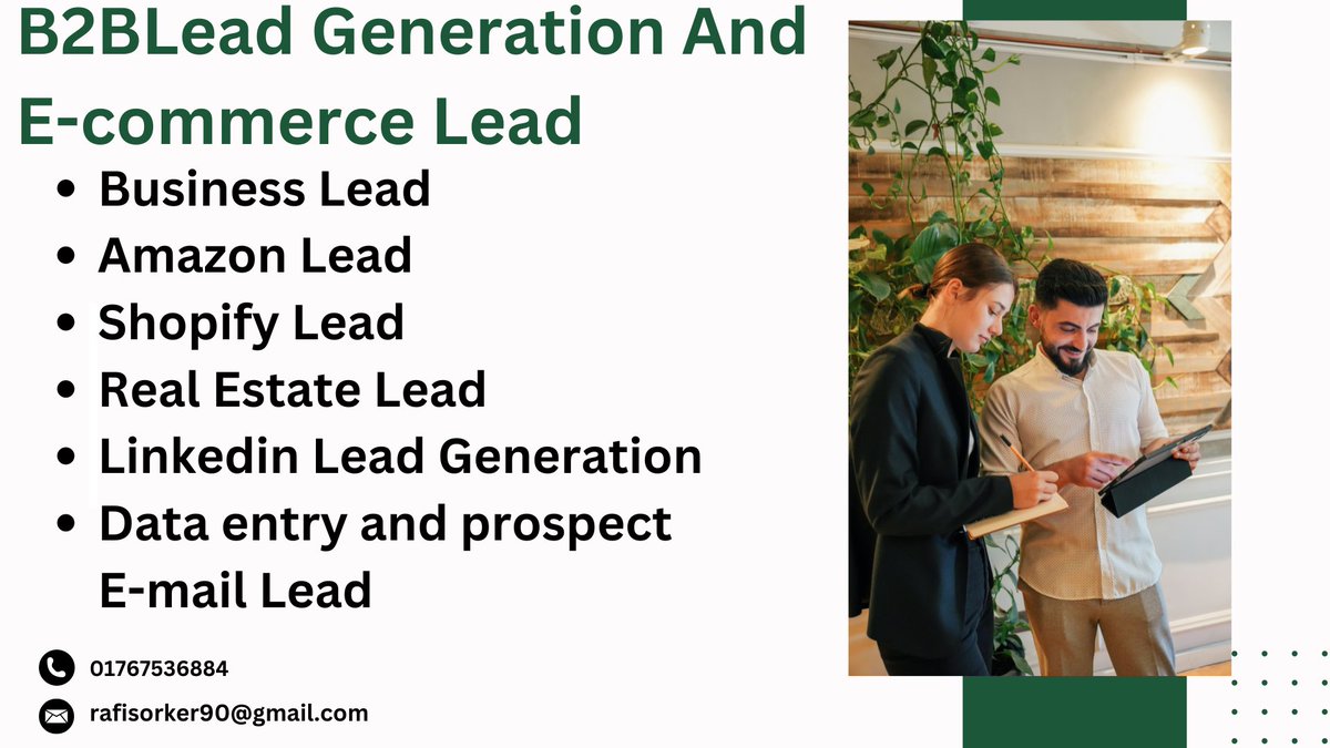 Any Lead Generation And E-commerce services.

contact us : rafisorker90@gamil.com
What's app number: 01767536884
Fiverr Link : lnkd.in/gWEwwKei
lnkd.in/gg9iZQsr
lnkd.in/gH2s2bSz
lnkd.in/gUYJhrMi
lnkd.in/gK3aQjMK