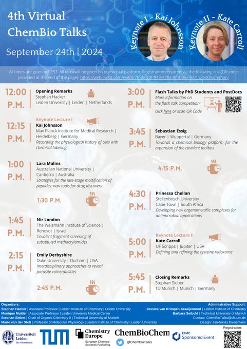 ChemBioChem (@chembiochem) on Twitter photo 📢 Make sure not to miss the 4th Virtual <a href="/ChemBioTalks/">Virtual ChemBioTalks (inactive account)</a>. Register now for free: web.cvent.com/event/7b3b6cdf
🗓️ September 24, 2024
With talks by <a href="/KateCarrollLab/">Carroll Lab</a>, Kai Johnsson, <a href="/Malins_Lab/">Malins Lab</a>, <a href="/london_lab/">London Lab</a>, <a href="/DerbyLabDuke/">Derbyshire Lab @ Duke</a>, Sebastian Essig, <a href="/ChellanResearch/">Prinessa Chellan</a>, plus three student Flash Talks. 📢 Make sure not to miss the 4th Virtual <a href="/ChemBioTalks/">Virtual ChemBioTalks (inactive account)</a>. Register now for free: web.cvent.com/event/7b3b6cdf
🗓️ September 24, 2024
With talks by <a href="/KateCarrollLab/">Carroll Lab</a>, Kai Johnsson, <a href="/Malins_Lab/">Malins Lab</a>, <a href="/london_lab/">London Lab</a>, <a href="/DerbyLabDuke/">Derbyshire Lab @ Duke</a>, Sebastian Essig, <a href="/ChellanResearch/">Prinessa Chellan</a>, plus three student Flash Talks.