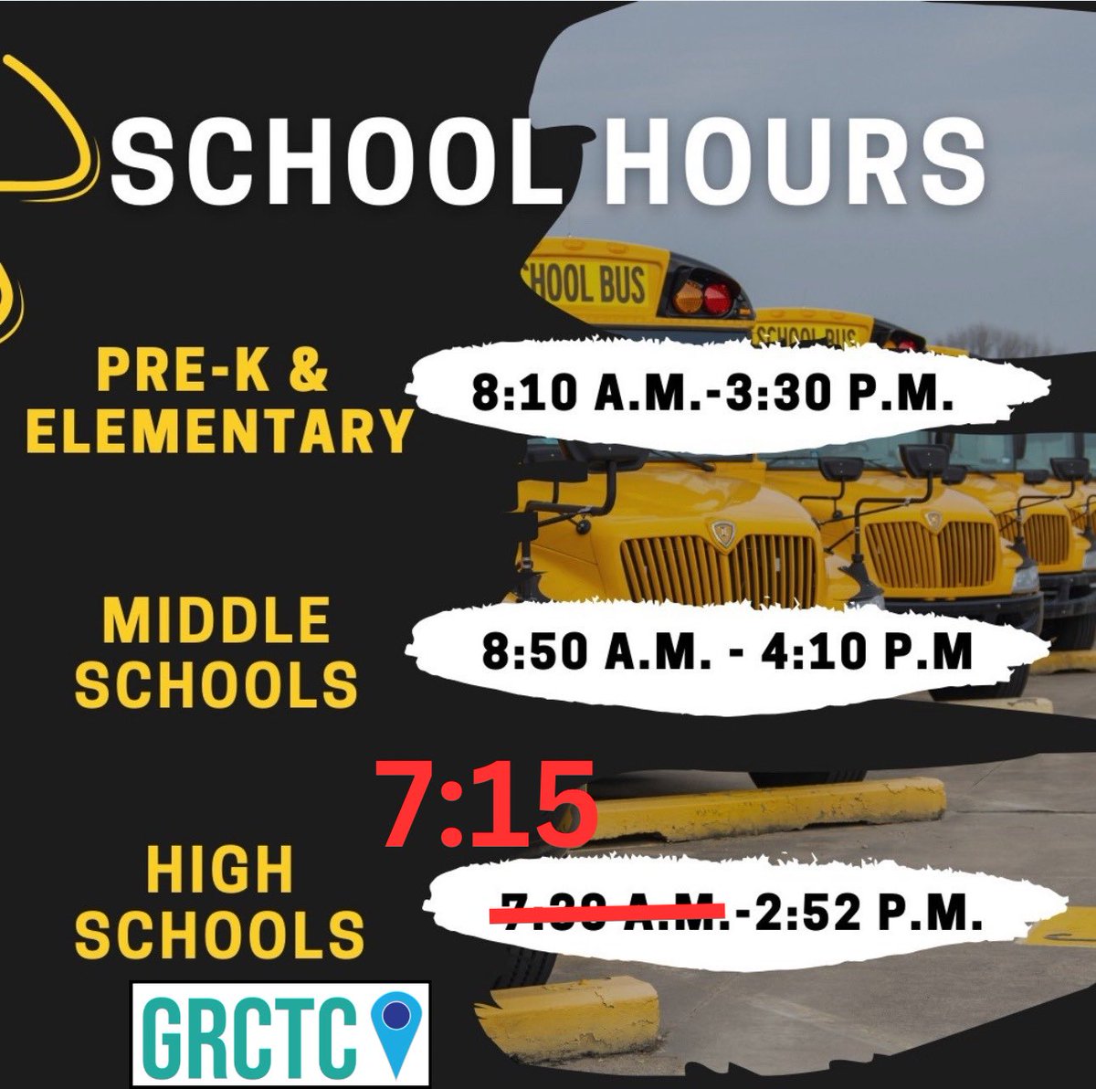 Gilbreath-Reed CTC (@gr_ctc) on Twitter photo Welcome back! For students attending the GRCTC, school hours are a bit different. We begin earlier than other campuses.  Please be on time.    
Morning Session 7:15am-10:20am
Afternoon Session 11:35am- 2:40pm Welcome back! For students attending the GRCTC, school hours are a bit different. We begin earlier than other campuses.  Please be on time.    
Morning Session 7:15am-10:20am
Afternoon Session 11:35am- 2:40pm