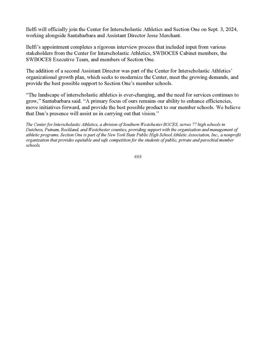 Dan Belfi joins the Center for Interscholastic Athletics / Section One administrative team <a href="/SWBOCES/">SWBOCES</a>