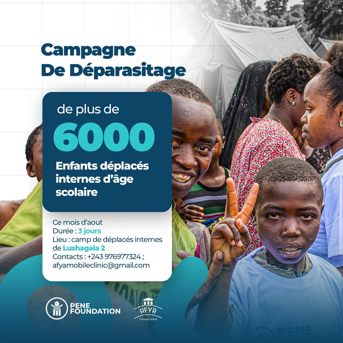 PeneFoundation's tweet photo. La #Penefoundation ONGd, à travers son département de la santé, la Clinique Mobile Afya, va organiser une campagne de déparasitage des enfants d’âge scolaire au camp de déplacés internes de Lushagala 2 à #Goma en #RDC sur une période de trois jours. https://t.co/CRkSDRMHds