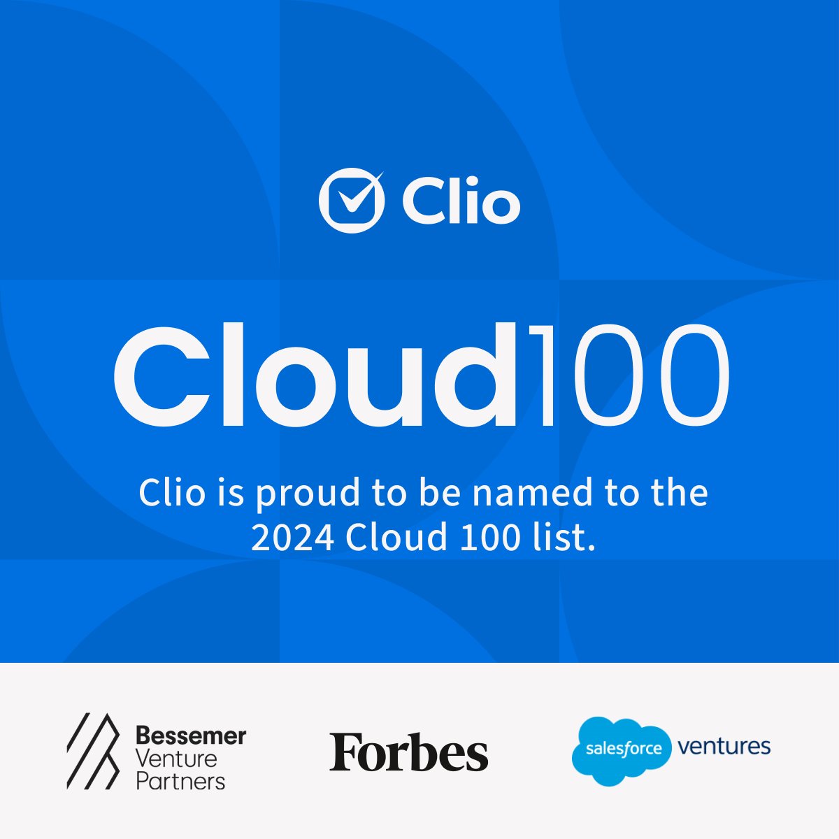 goclio's tweet photo. We’re proud to be named to @Forbes’ 2024 #Cloud100 list as one of the world’s Top 100 private cloud companies. ☁️

Thank you to @Forbes, @BessemerVP, and @SalesforceVC for the recognition.

Learn more about the @cloud100 list here ➡️ https://t.co/2bgrK0dVs6 https://t.co/EaFNi0p8NY