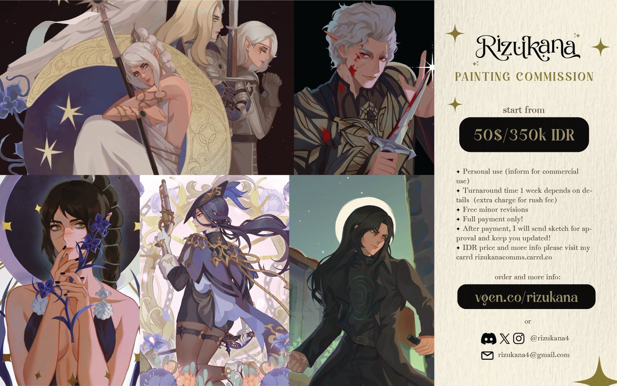 ✦ RT's helps! ✦  

Updated sheet!

order at ✦ vgen.co/rizukana 

more info: 

rizukanacomms.carrd.co 

DM me here or email me at rizukana4@gmail.com if you have more questions!  Thank you  

#VGen #VGenComm #commission #commissionopen