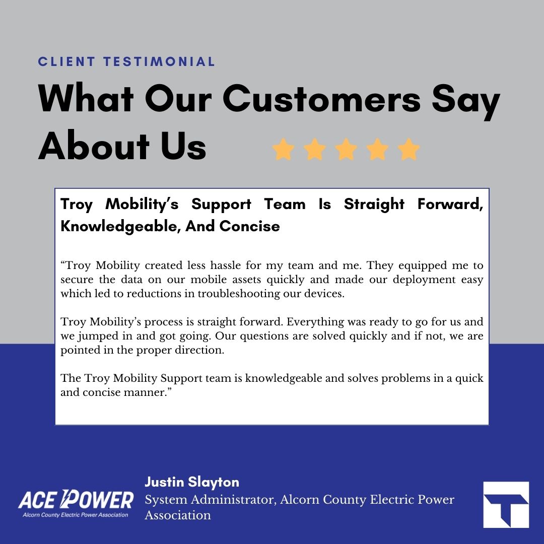 TroyMobility's tweet photo. Testimonial Tuesday:

"Troy Mobility's Support Team Is Straight Forward, Knowledgeable, And Concise"

Thank you Justin and ACE Power for being a customer of Troy Mobility, and using us to secure your mobile devices. We appreciate your partnership.

 #MobileSecurity #TroyMobility https://t.co/lFhAqvTqP9