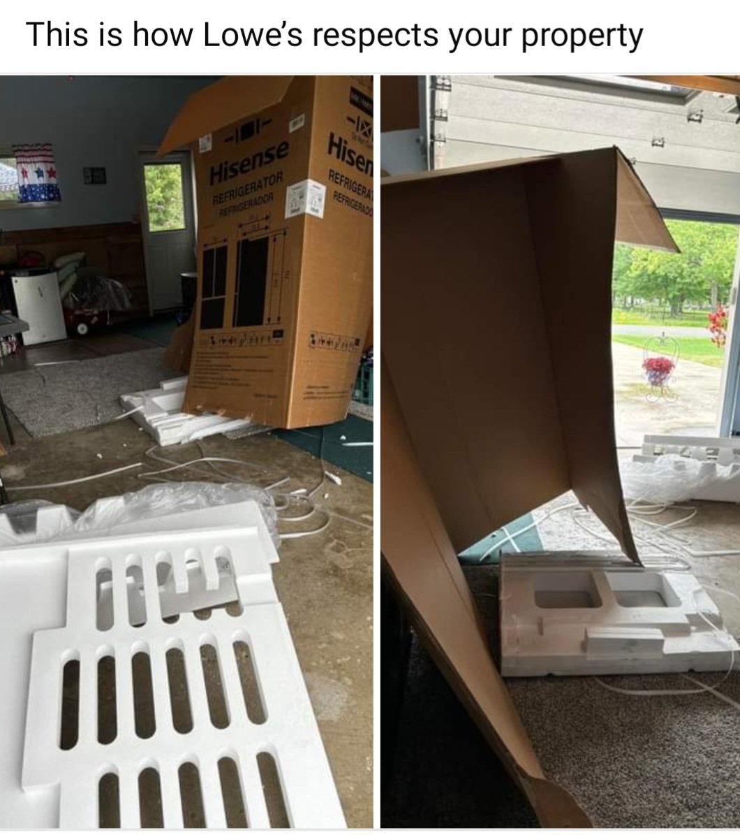 adrigleaton's tweet photo. @Lowes please tell me how it is acceptable to do this to an 83 year old woman? And when she called to complain she was told your company wouldn't do anything about it because she decided to return the fridge? Horrible customer service, this is disgusting https://t.co/0mvZPJ8Zbs