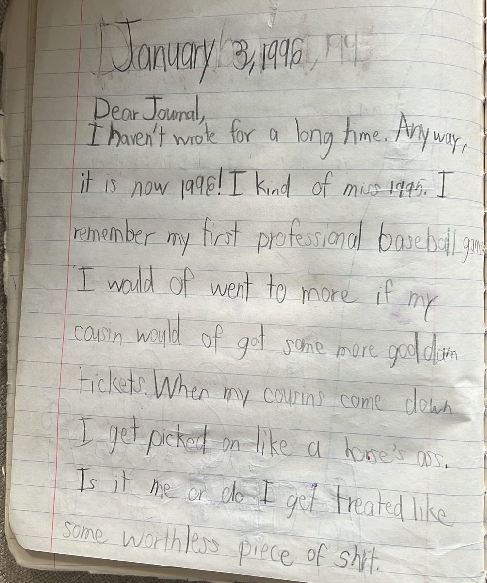 mikerecine's tweet image. I went to my mom’s house yesterday and found this journal entry I wrote when I was 8.