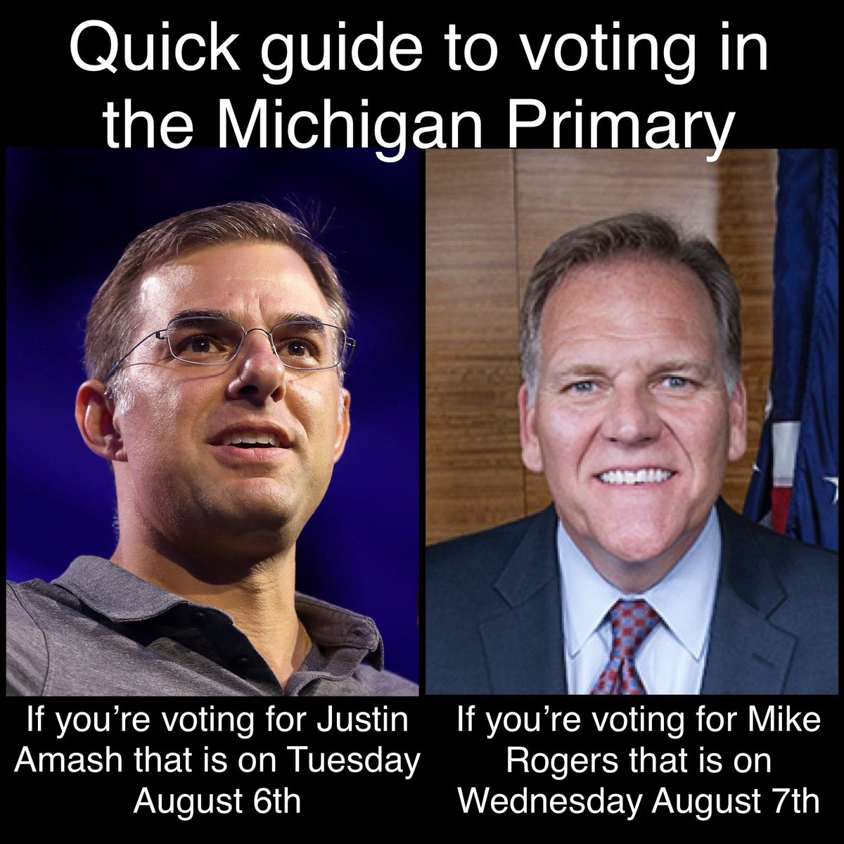 SciLibertarian's tweet photo. Remember to vote in the Primary for either  @justinamash or @MikeRogersForMI , here’s a quick guide. 

…why does voting have to be so complicated… 🤔 https://t.co/KPzW1pVLWN