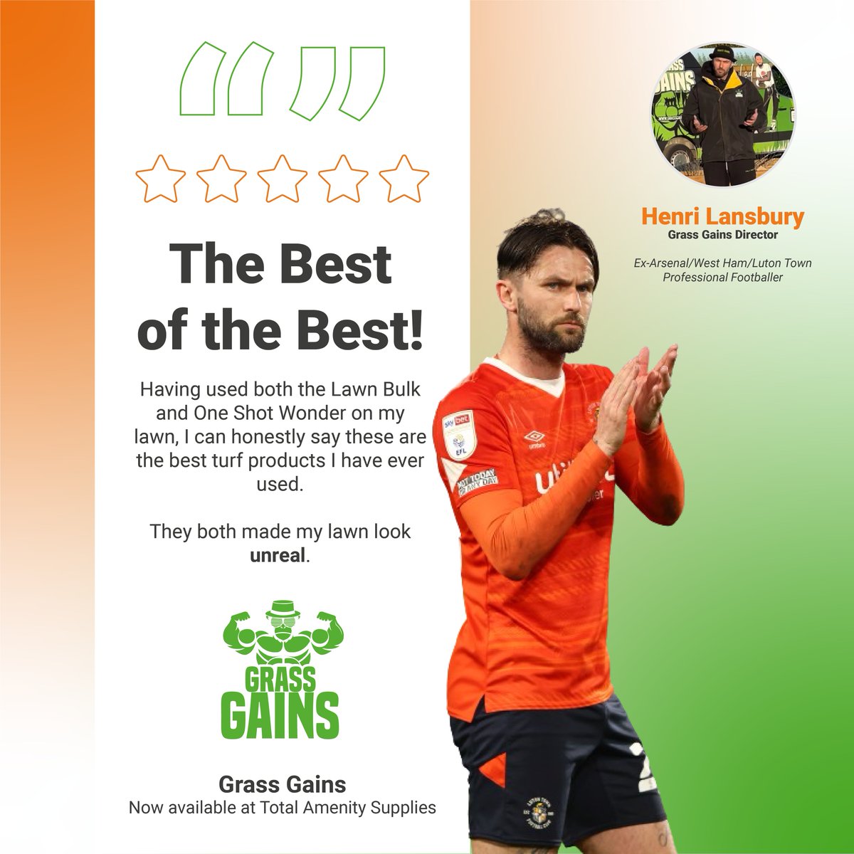 TotalAmenity's tweet photo. Total Amenity Supplies is thrilled to announce that we now stock @Grass_Gains products on our newly-revamped website! 🌱✨

Grass Gains, one of the industry's best new products, is founded by none other than ex-Arsenal midfielder Henri Lansbury. 🏆⚽️

#GrassGains #HenriLansbury