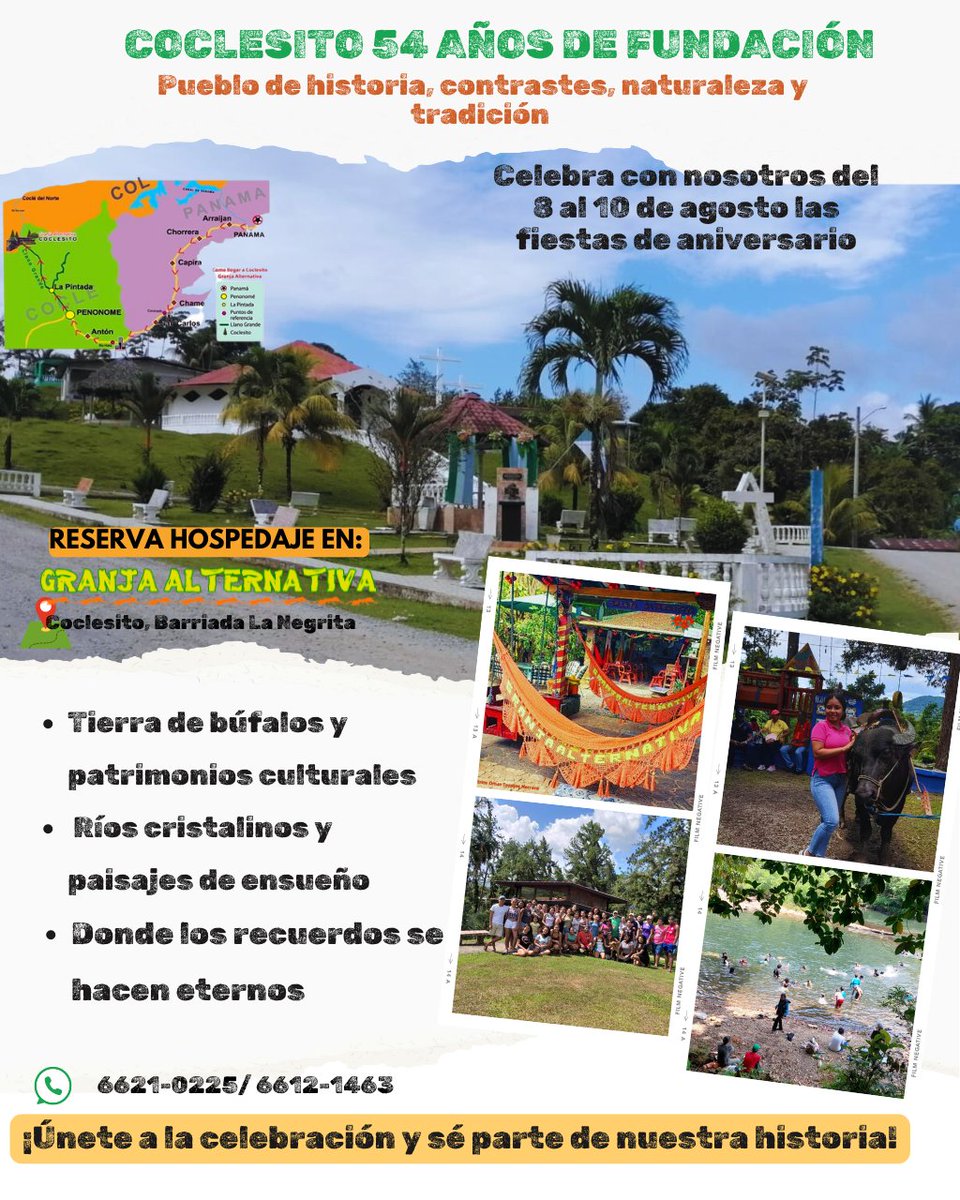granjaalternat's tweet photo. granjaalternativa
🎇¡Únete a la celebración de los 54° aniversario de la fundación de Coclesito, en el Distrito Omar Torrijos Herrera! 🎉 Del 8 al 10 de agosto, ven y disfruta de nuestras festividades llenas de historia, cultura y alegría. 🐂 https://t.co/CZPY0UJoZ9