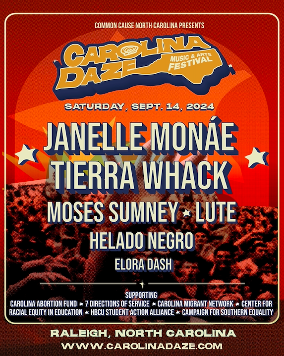 ProChoice_NC's tweet photo. 🗣️Breaking musical news, so get your tickets now, friends! @JanelleMonae has joined the @carolinadazenc lineup!

💜 JANELLE MONAÉ!!!! 💜🚨This is not a drill!!!🚨

Get tickets and sign up at https://t.co/3n18iSlFG6 !

#CAROLINADAZE https://t.co/9XtRAABLRg