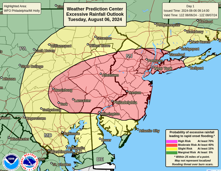 NWSWPC's tweet photo. Numerous instances of flash flooding are expected this afternoon across the Northeast, which includes the Philadelphia and NYC metro areas. Stay weather aware this afternoon as locally significant flash flooding is possible with storms later today. https://t.co/9Bsea8JgTV