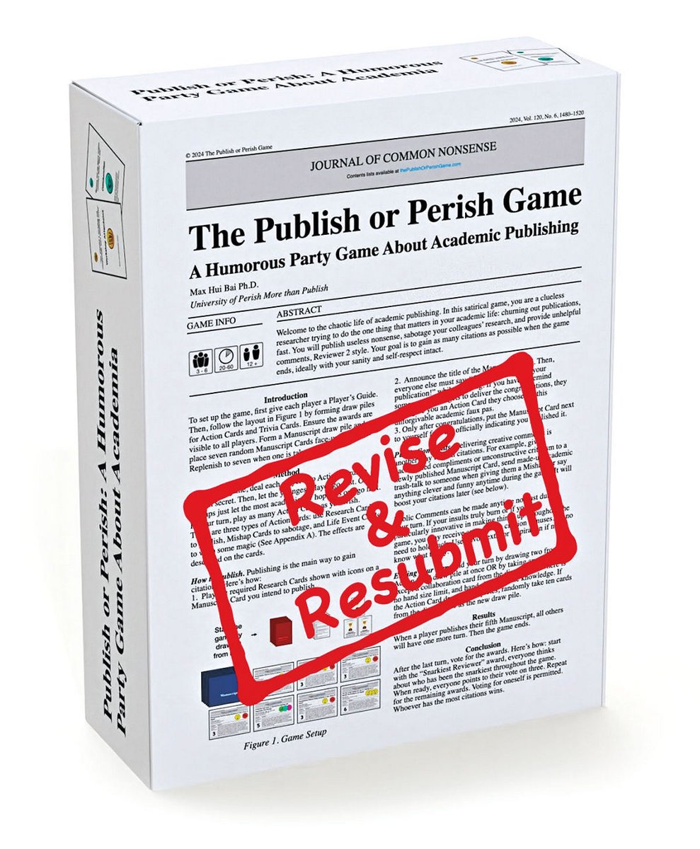 C&EN (Chemical & Engineering News) (@cenmag) on Twitter photo The Publish or Perish Game™ is a humorous party game about academic publishing. Players race to publish manuscripts with useless nonsense while sabotaging each other's research and delivering "very helpful" comments, Reviewer 2 style: cen.acs.org/education/scie… #STEM The Publish or Perish Game™ is a humorous party game about academic publishing. Players race to publish manuscripts with useless nonsense while sabotaging each other's research and delivering "very helpful" comments, Reviewer 2 style: cen.acs.org/education/scie… #STEM