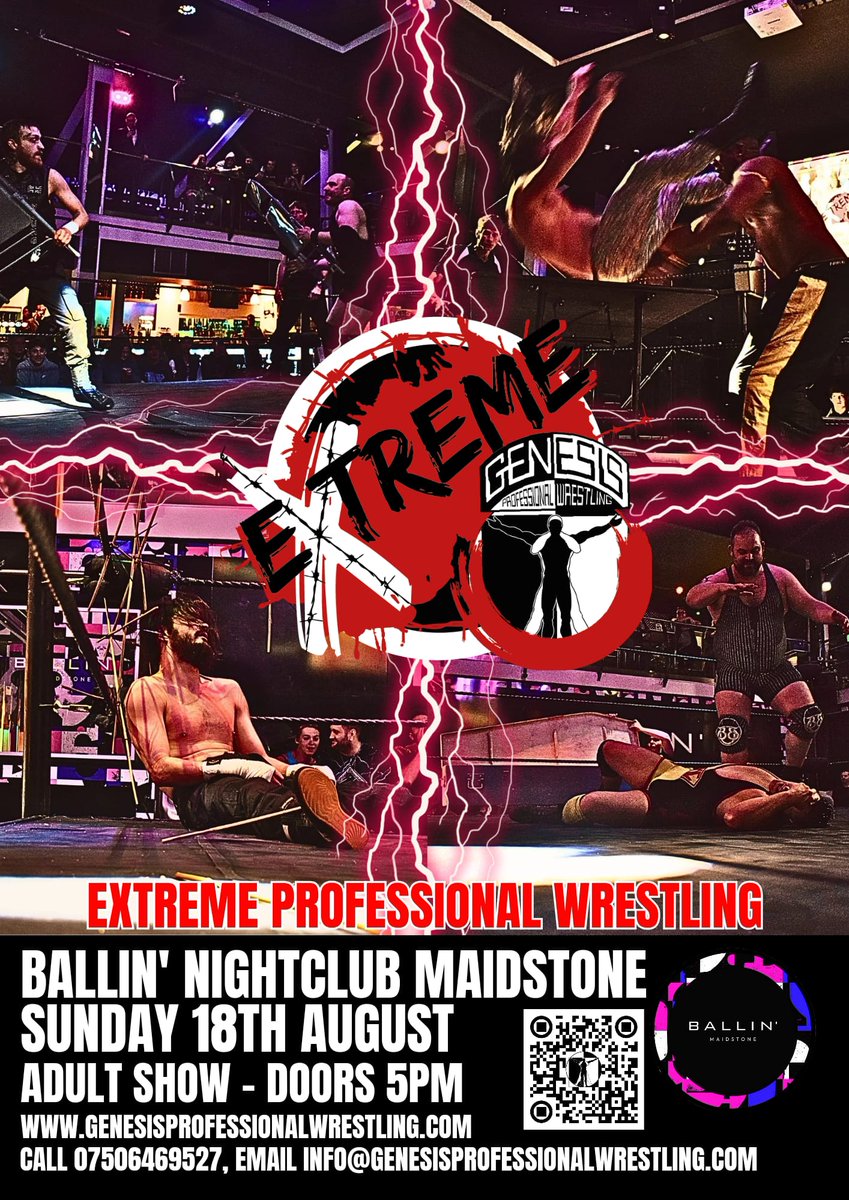 GenProOnline's tweet image. On Sunday the 18th of August, join us in #Maidstone at @BallinMaidstone for our huge #doubleshowday.
At 5pm we have our over 18s only #EXTREMEWRESTLING  show

Tickets on sale now at ticketor.com/genpro

#britwres #WrestlingCommunity #prowrestling #kent #uk #weekend
