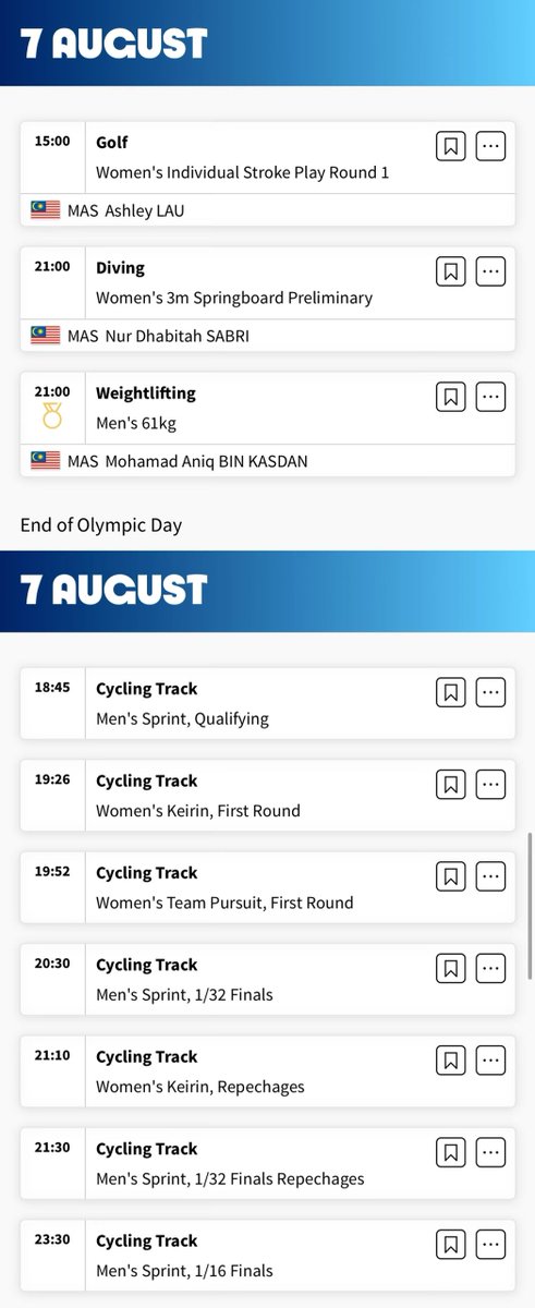 craigansibin's tweet photo. Jadual Aksi Malaysia 🇲🇾di #SukanOlimpik esok!
🗓️ 7-8 Ogos (Rabu-Khamis)
⏰ Waktu Malaysia

Share and Bookmark 🔖!

#Golf - Ashley Lau
#Diving - Dhabitah Sabri
#Weightlifting - Aniq Kasdan
#CyclingTrack - Azizulhasni Awang
#CyclingTrack - Shah Firdaus Sahrom
#CyclingTrack - Nurul Izzah Izzati

7 OGOS (RABU)
3:00 PM - Women's Individual R1
6:45 PM - Men's Sprint Qualifying
7:26 PM - Women's Keirin R1
8:30 PM - Men's Sprint 1/32 Finals
9:00 PM - Women's 3m Springboard Prelim
9:00 PM - Men's 61kg 🏅
9:10 PM - Women's Keirin Repechages
9:30 PM - Men's Sprint 1/32 Finals Repechages
11:30 PM - Men's Sprint 1/16 Finals

8 OGOS (KHAMIS)
12:42 AM - Men's Sprint 1/16 Finals Repechages
1:38 AM - Men's Sprint 1/8 Finals
2:14 AM - Men's Sprint 1/8 Finals Repechages

Where to Watch / Live Streaming Links
1. RTM Sukan Olimpik / RTM Klik (App): https://t.co/pfdgS9eFO2…

2. Astro / Sooka (App): https://t.co/szKxXXi6kS…

3. Unifi TV (App)

#Paris2024 #Olympics #OlympicGames #TeamMAS