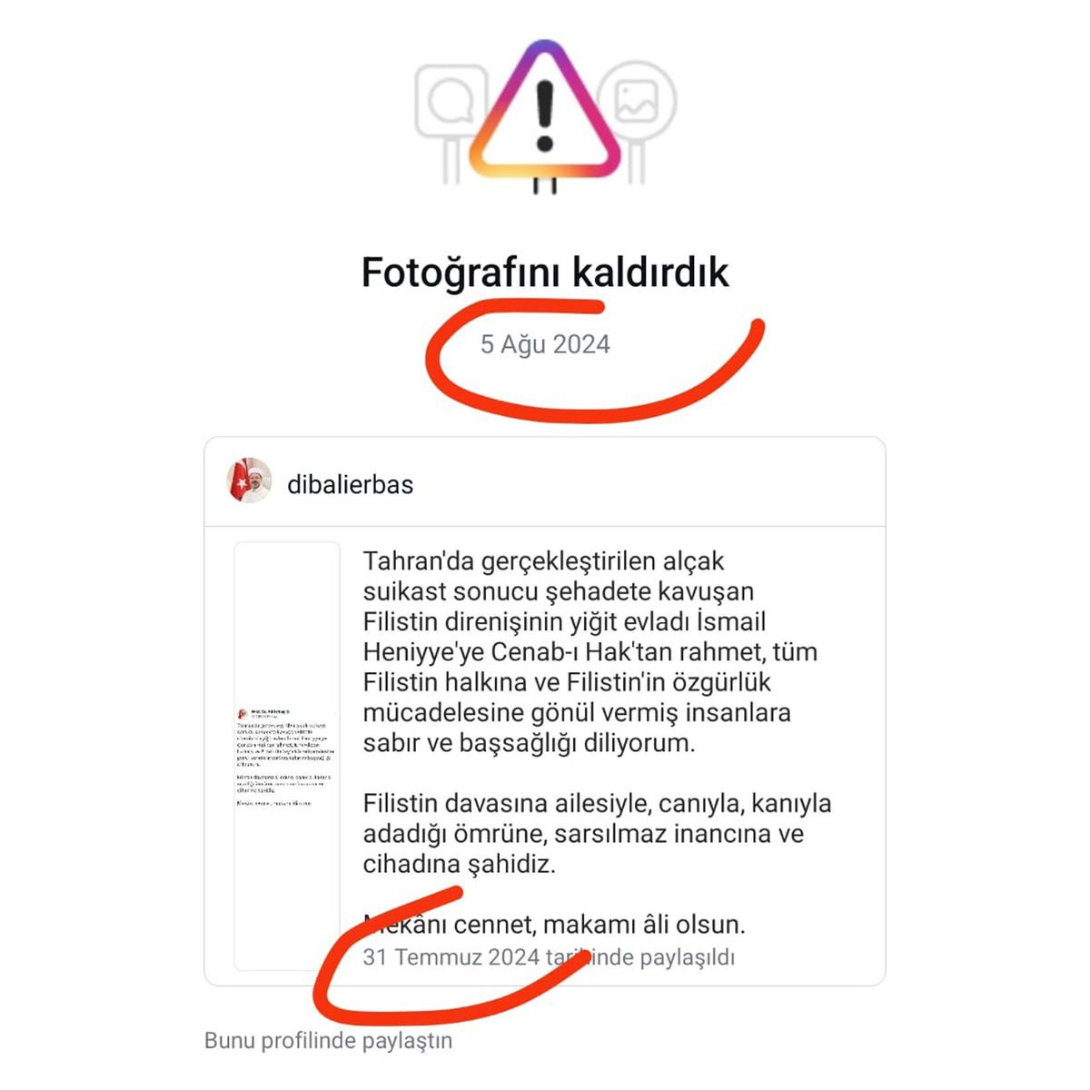 Instagram, Diyanet İşleri Başkanı Ali Erbaş'ın 6 gün önce yayınladığı Haniye'ye taziye mesajını kaldırdı.