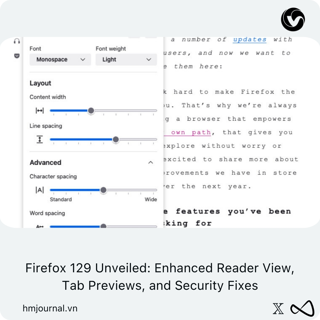 thehmjournal's tweet image. Firefox 129 is here with major improvements! Enjoy a more personalized reading experience with customizable Reader View, find tabs faster with hover previews, and stay secure with HTTPS by default. #Firefox #Firefox129 #BrowserUpdate