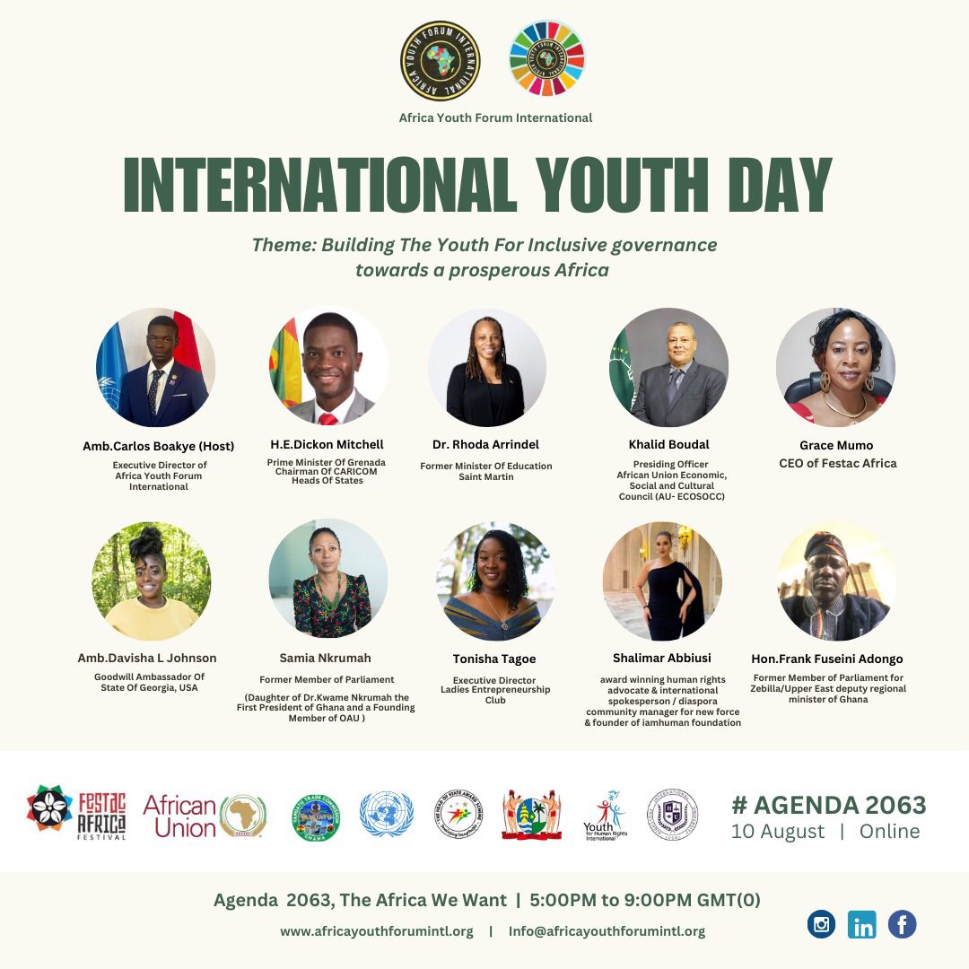 Meet our first Panelist Speakers we are honored to have special guest with other amazing Speakers.

AGEND 2063, the Africa we want on 10 Aug 2024
African Union Youth Program 
AU Youuh Envoy 
Youth Affairs 
UN Office of the Special Adviser on Africa 
<a href="/_AfricanUnion/">African Union</a>