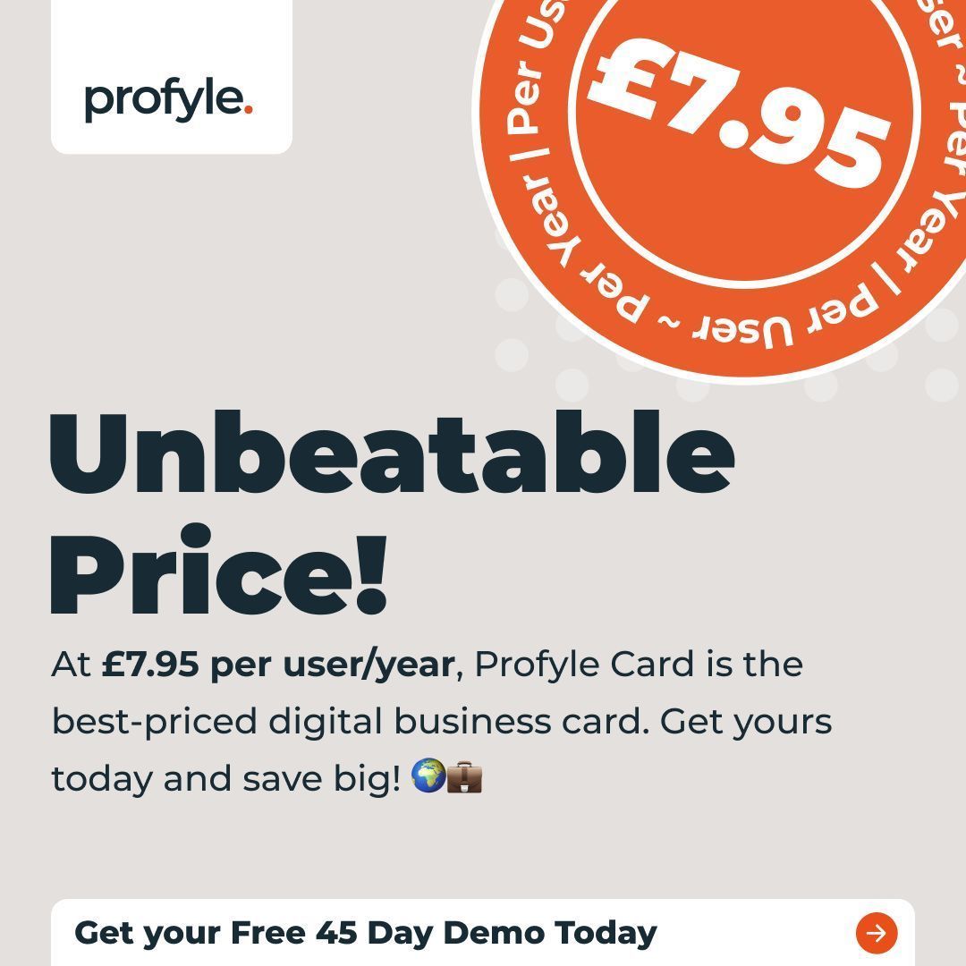 profylecard's tweet image. Unbeatable Price! Only £7.95/user/year for the best-priced digital business card on the market. Start networking smarter with Profyle Card. 🌍💼 Get your Free 45-Day Demo today! go.profyle.cards/30bTgI #Networking #SaveBig #DigitalBusinessCards