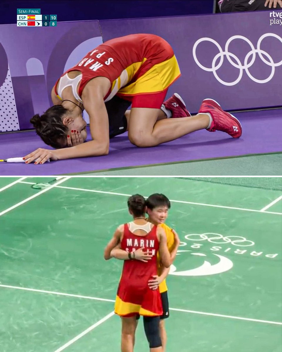 TheFinal__'s tweet photo. Chinese shuttler He Bingjiao carried a Spanish pin on the podium to pay tribute to fellow badminton player Carolina Marin, who had to forfeit the semifinal match against Bingjiao due to injury 🙏👏 https://t.co/DNVYa0o6Zc