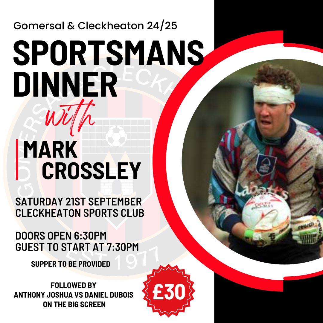 𝗦𝗽𝗼𝗿𝘁𝘀𝗺𝗮𝗻’𝘀 𝗗𝗶𝗻𝗻𝗲𝗿 𝟮𝟰 / 𝟮𝟱

We are pleased to announce this year’s annual Sportsman’s Dinner will take place on Saturday 21st September with former Goalkeeper Mark Crossley.

Tickets are available from £30!

🔴⚫️