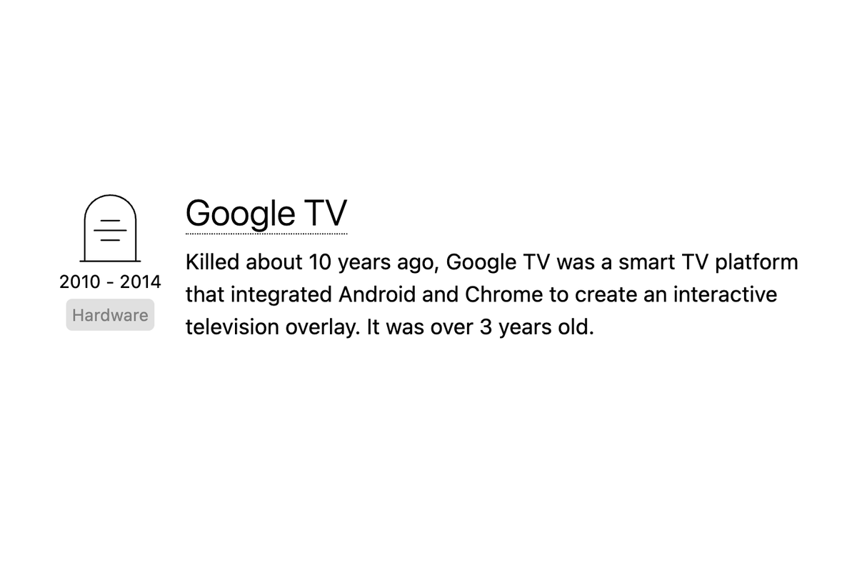 killedbygoogle's tweet photo. "Why didn't they just call it Google TV?"

Well, ten years ago they had a device called Google TV, and they killed it. https://t.co/RDH1TD5Hxz