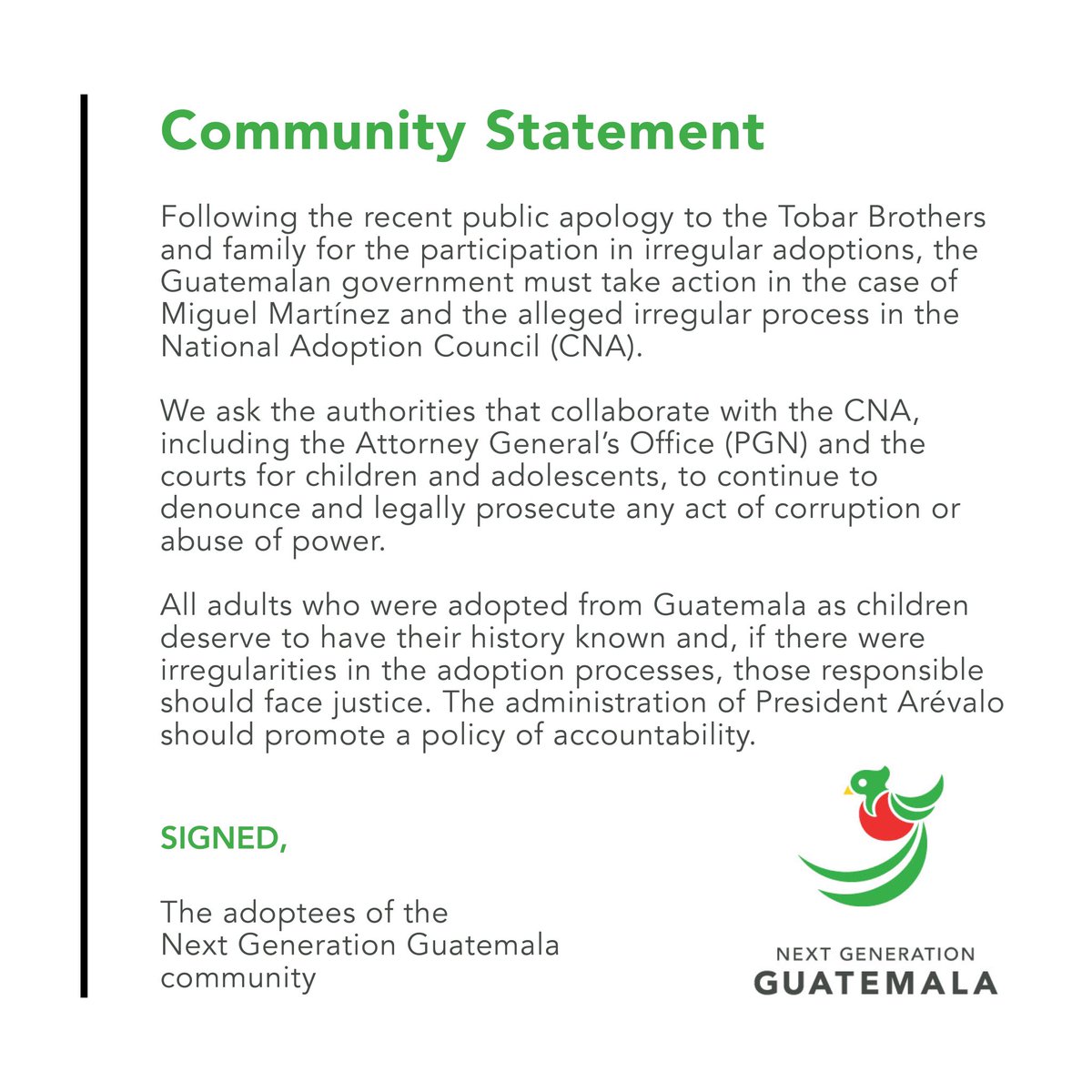 ENG: After President <a href="/BArevalodeLeon/">Bernardo Arévalo</a>'s apology for irregular adoptions in Guatemala and <a href="/VoxPopuliGuate/">Vox Populi</a>'s subsequent investigation, #NextGenGuate adoptees issued a statement urging <a href="/PGNguatemala/">PGN Guatemala</a> to continue to act against ongoing irregularities:
