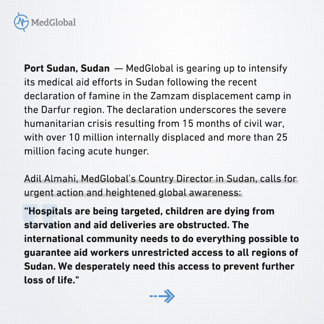 MedGlobalOrg's tweet photo. War in #Sudan: MedGlobal urges ceasefire and safe aid access amid worsening famine crisis. 

“We desperately need this access to prevent further loss of life,” said MedGlobal Sudan’s Adil Almahi. 

Read his full statement and learn about our humanitarian response in Sudan: https://t.co/wGkx7ATEnJ