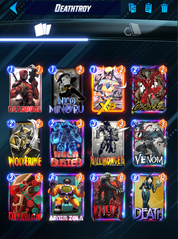 Zabuno_'s tweet photo. 5th Infinity border ✅

Destroy is pretty underestimated in this meta.
Killmonger > Ultron on 6.
Zola on a big Venom or Knull means to much points.
Just make sure to destroy X-23 on 4 to play Knull on 5.

@SnapDecks @MarvelSnapDecks https://t.co/N9j4pT086V