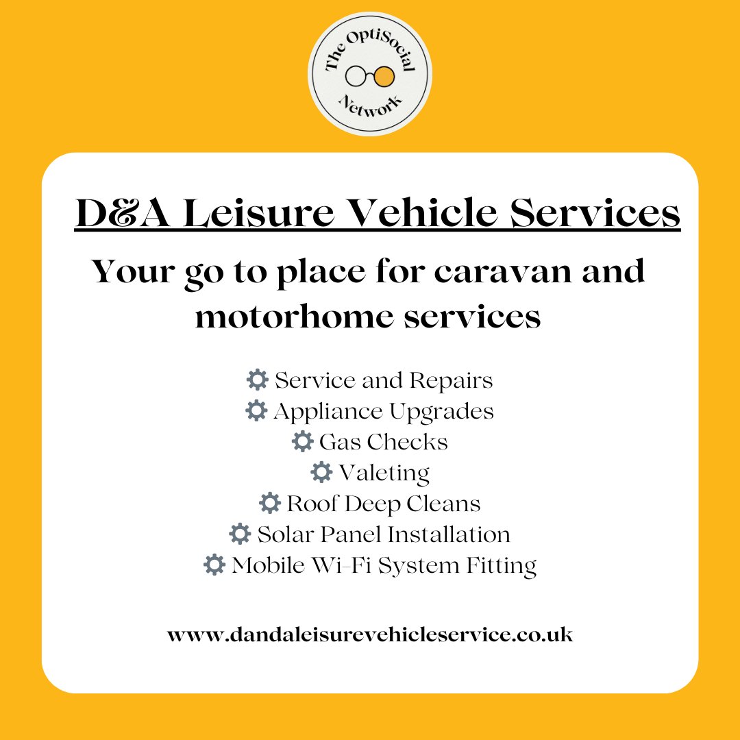 optisocialnet's tweet photo. D&amp;A Leisure Vehicle Services are your go to for caravan and motorhome services, with full workshop facilities located at Unit 6, Asenby Business Park, Thirsk, YO7 3GT.

📧 dandaleisurevehicleservices@gmail.com
💻 https://t.co/bTpHyVrDYN https://t.co/niHcF77JlW