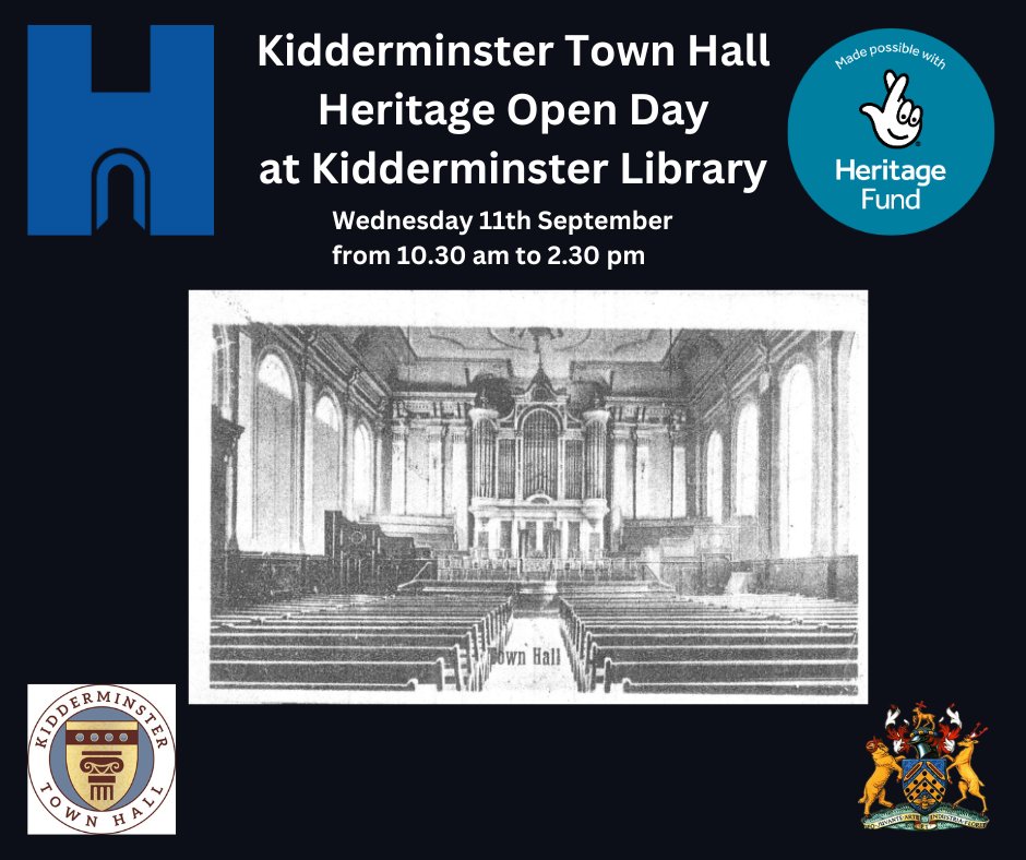 Heritage Day Event at Kidderminster Library
Wednesday 11th September from 10.30 am to 2.30 pm

•Share your reminiscences, souvenirs and photos of visits to the Town Hall over the years
•Find out more about future plans for Kidderminster Town Hall 

#heritageopenday #NLHF