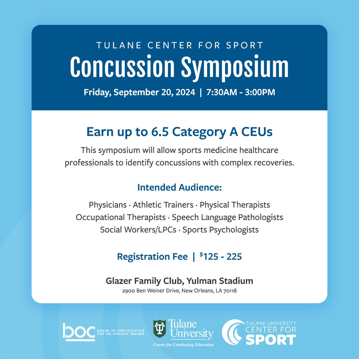 ⭐️ NEW DATE ⭐️ Sports medicine professionals, join us for the Tulane CFS #Concussion Symposium on Friday, September 20th! 🧠📖

Hear from the experts in #braininjury, learn how to identify concussions and earn credits.

Register today ➡️ bit.ly/3wycJDi