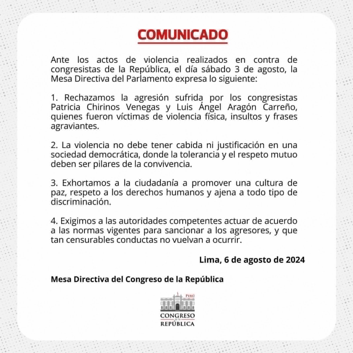 martinhidalgo's tweet photo. #AlertaLegislativa: La Mesa Directiva se pronuncia sobre lo acontecido con los congresistas Patricia Chirinos y Luis Aragon. https://t.co/M767mirfwZ
