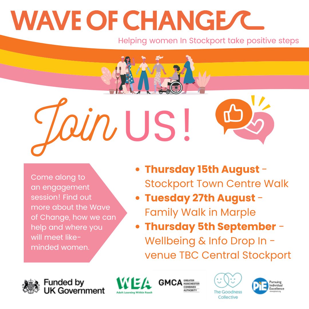 We are excited to be recruiting for our TENTH Wave of Change programme! 

We have engagement sessions over the summer to find out more, meet the team and register. 
To come along, complete the sign up link below! 

forms.gle/jWnNjNr9cuJUf2…

Open to women who live in #Stockport.