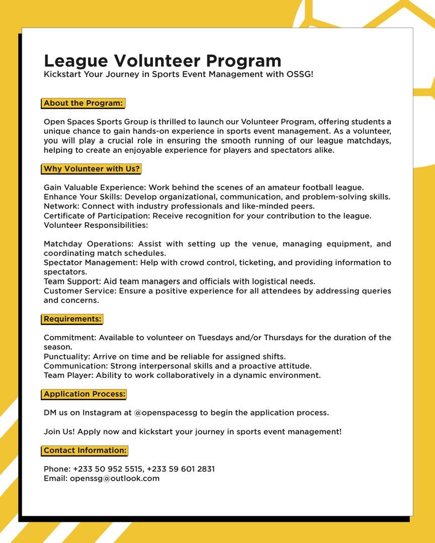 Kickstart Your Career in Sports Event Management with  <a href="/openspacessg/">Open Spaces Sports Group</a>

Looking for a unique hands-on experience in sports event management? Join the OSSG Volunteer Program and be a part of our exciting amateur football league. Gain valuable experience, enhance your skills, and
