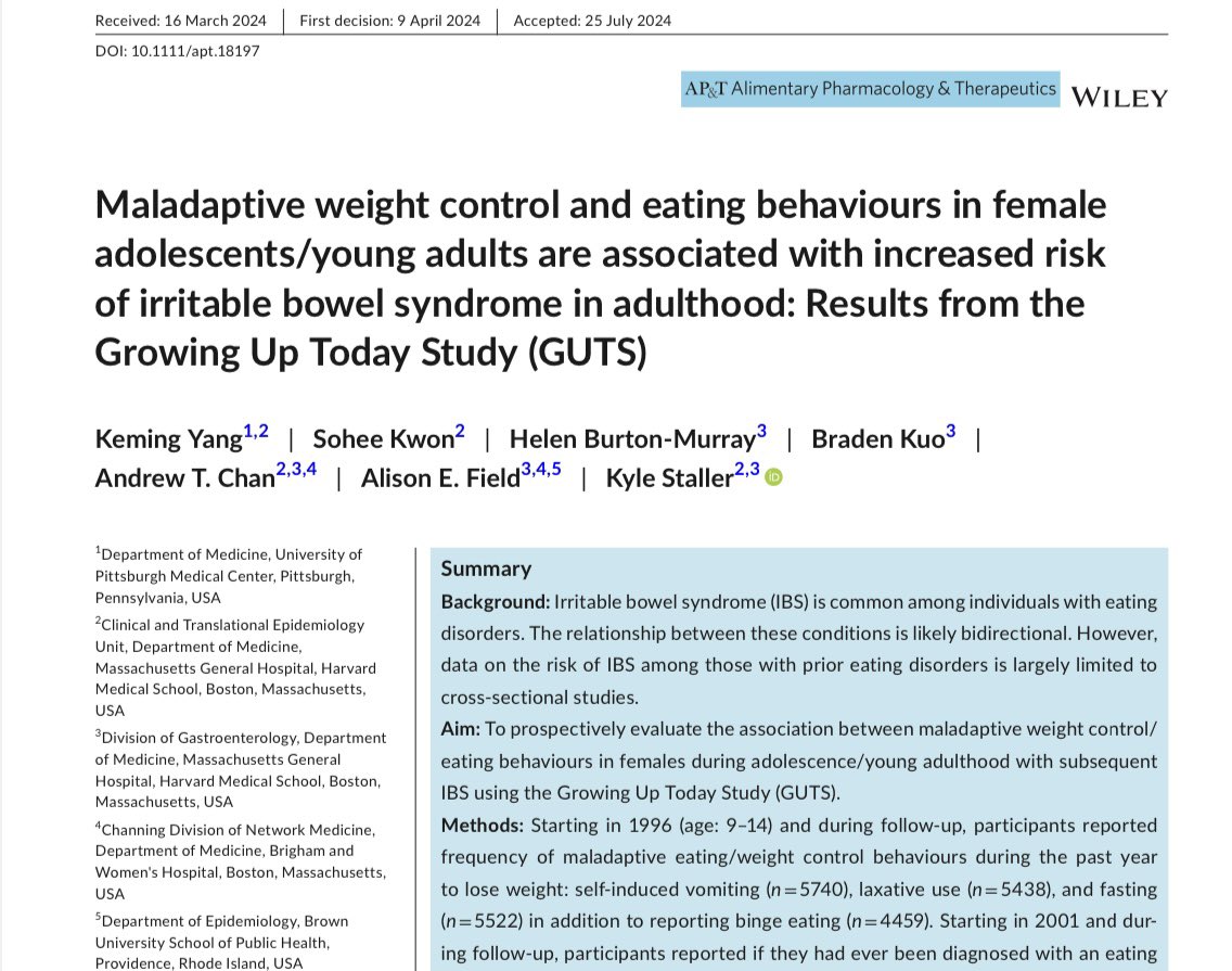 Keming Yang (@kemingyangmdphd) on Twitter photo 📣New 📜 in <a href="/APandT/">roypounder.apt</a> is online!
Early maladaptive weight control & eating behaviors were associated with ⬆️ IBS risk later on - ORs:
💊Laxatives: 3.67
🤢Vomiting: 1.83
🛑Fasting: 2.62
🍔Bingeing : 2.25
🩺Diagnosis of eating disorder: 3.42
🧵👇 📣New 📜 in <a href="/APandT/">roypounder.apt</a> is online!
Early maladaptive weight control & eating behaviors were associated with ⬆️ IBS risk later on - ORs:
💊Laxatives: 3.67
🤢Vomiting: 1.83
🛑Fasting: 2.62
🍔Bingeing : 2.25
🩺Diagnosis of eating disorder: 3.42
🧵👇
