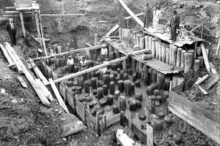 the_culturist_'s tweet photo. Why doesn't the wood rot, you ask?

Because the posts are submerged below water, where oxygen can't reach. As long as this is the case, the wood will last another thousand years — mineralization is effectively turning it to stone. https://t.co/FfFFOsq4zI