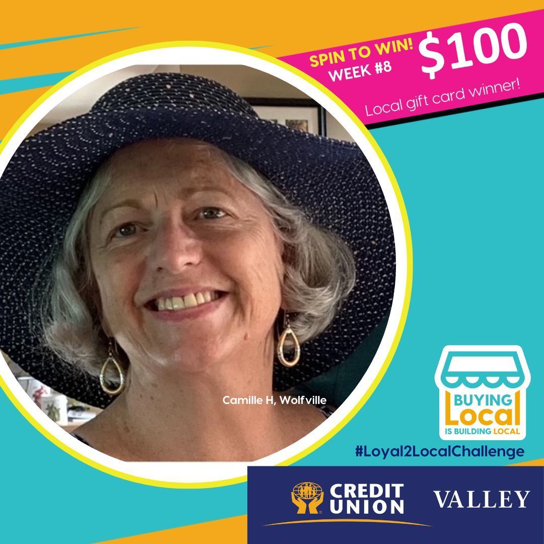 ValleyCU's tweet image. Celebrate local! WEEK #8 Winner: Camille H, from Wolfville! $100 gift card for Noggins Corner Farm Market in Greenwich. Find us at local events all summer to spin the digital wheel, or visit our website to learn more. Join the #Loyal2LocalChallenge and show your support #ValleyCU