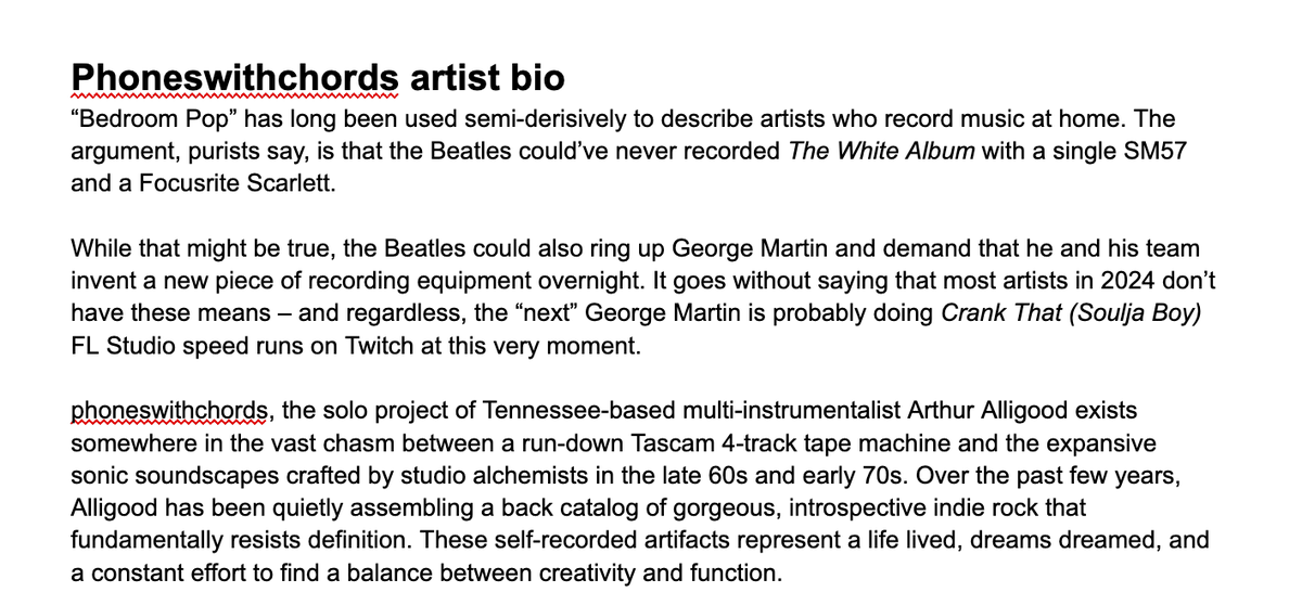 Did you know that I am now in the business of writing artist bios? Here's (half of) one I did for @PhonesWithChrds. The 2nd half is *secret* for now but will be revealed shortly. I would love the opportunity to do a few of these this week! Please tag your friends!