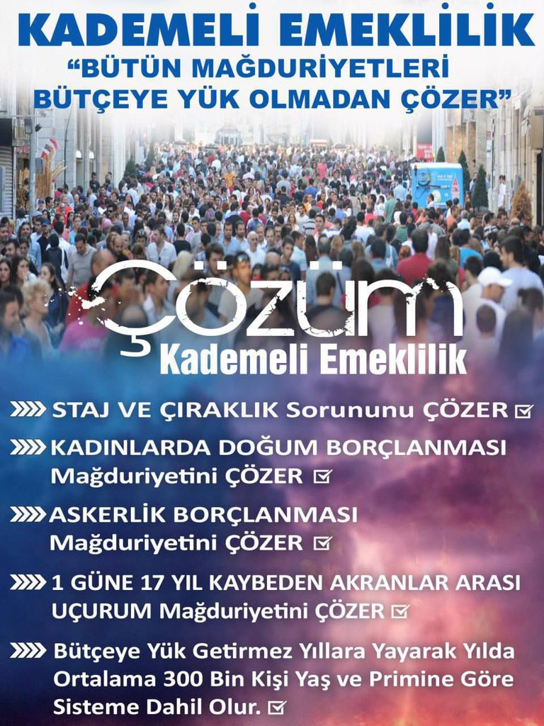 Emeklilikte adil, kademeli bir sistemin bir an önce hayata geçirilmesi, yaşanan mağduriyetin giderilmesi gerekmektedir. 1 gün geç SGK girişine 17-20 yıl geç emeklilik adil değildir.

Kademeli Emeklilik hayata geçirilinceye kadar bu haklı mücadelenin ve bunun için mücadele veren